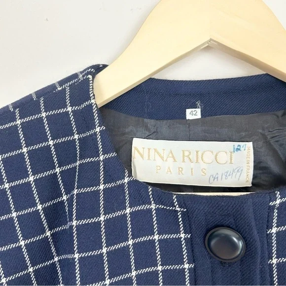 Vintage Nina Ricci 1980s Navy Windowpane Blazer - Picture 2 of 6